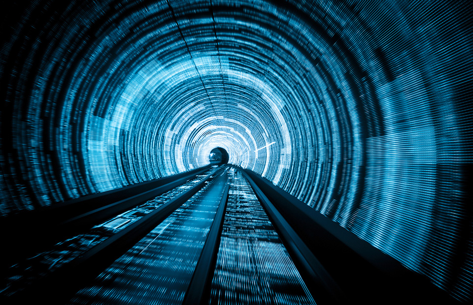 Train tunnel in blue light